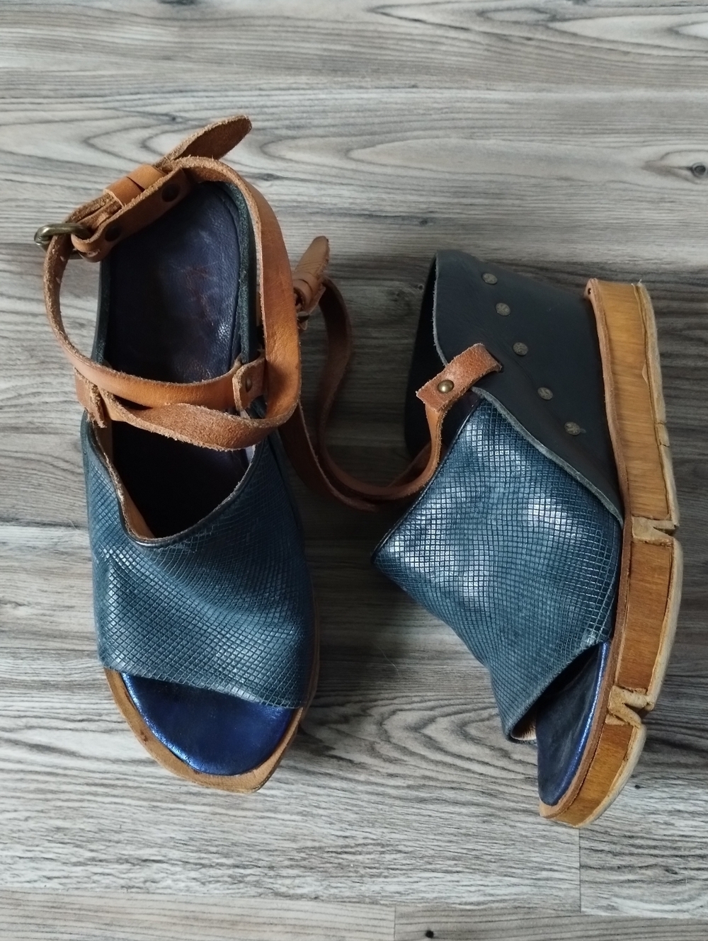 A.S.98 Blue Perforated Leather Strappy Wedge Sandals Women's Size 37 US 6.5-7